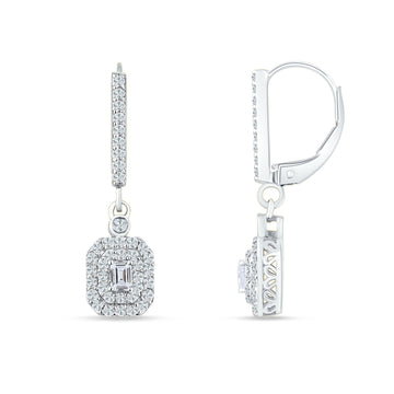 Emerald Cut Cluster CZ Dangle Hoop Leverback Earrings 925 Sterling Silver